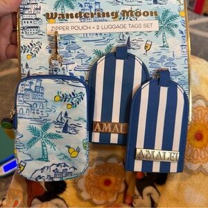 Amalfi Blue & White Striped Luggage Tag + Seaside Print Zipper Pouch Set